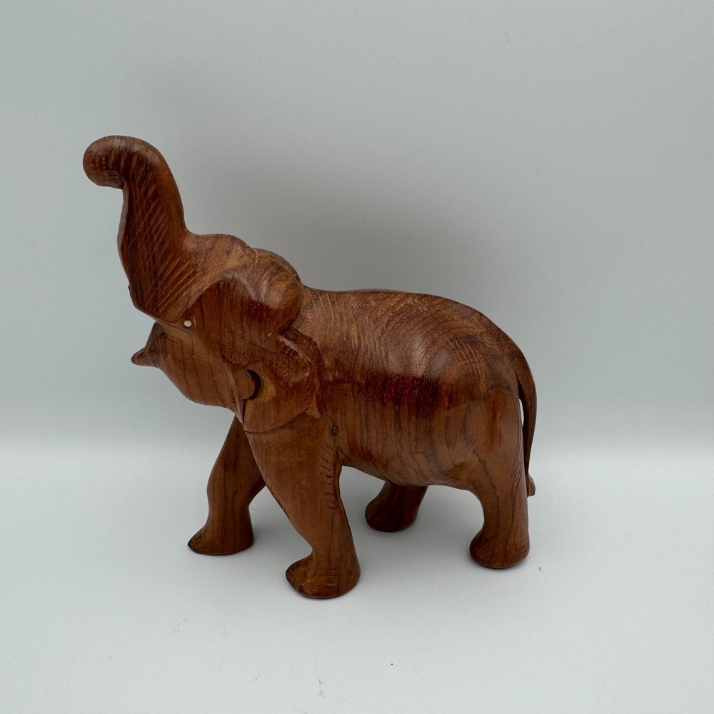 Vintage Hand Carved Wood Elephant Figurine Lucky Trunk Up Statue Decor 6.5 Inch
